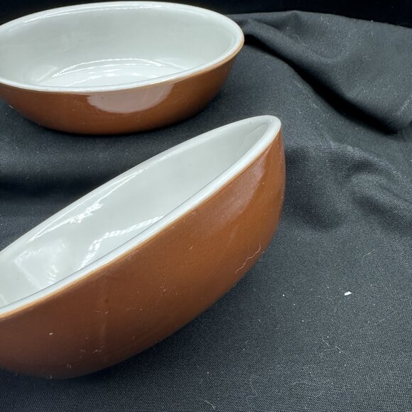 Set Of 2 Hall Small Oval Individual Bakers Brown White Oven Safe Vintage USA - Picture 3 of 12